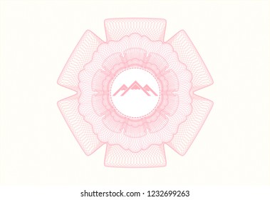 Pink rosette or money style emblem with mountain icon inside