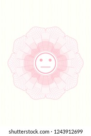 Pink rosette or money style emblem with serious face icon inside