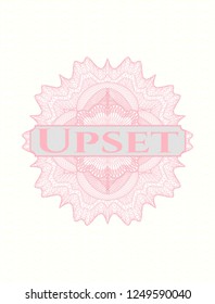 Pink rosette or money style emblem with text Upset inside