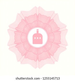 Pink rosette (money style emblem) with bottle of alcohol icon inside
