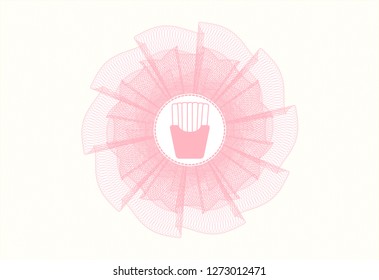 Pink rosette or money style emblem with fries icon inside