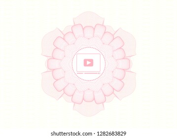 Pink rosette or money style emblem with video player icon inside