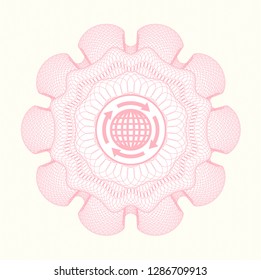 Pink rosette or money style emblem with globalization icon inside