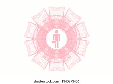 Pink rosette or money style emblem with businessman holding briefcase icon inside