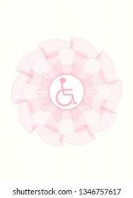 Pink rosette (money style emblem) with disabled (wheelchair) icon inside