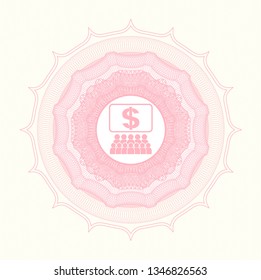 Pink rosette (money style emblem) with business congress icon inside