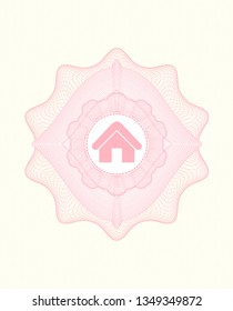 Pink rosette or money style emblem with home icon inside