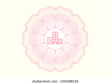 Pink rosette (money style emblem) with buildings icon inside