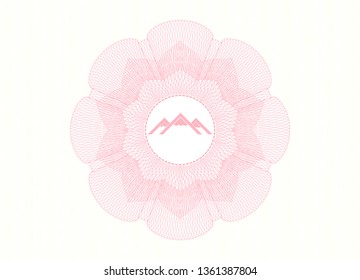 Pink rosette (money style emblem) with mountain icon inside