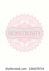 Pink rosette or money style emblem with text Monstrosity inside