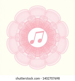 Pink rosette or money style emblem with musical note icon inside