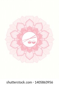 Pink rosette (money style emblem) with sushi icon inside
