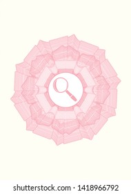 Pink rosette or money style emblem with magnifying glass icon inside