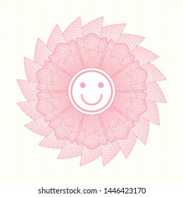 Pink rosette or money style emblem with happy face icon inside