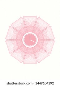 Pink rosette or money style emblem with clock, time icon inside
