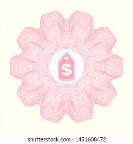 Pink rosette (money style emblem) with money tag icon inside