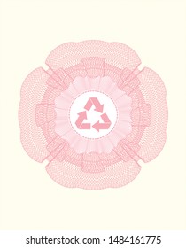 Pink rosette (money style emblem) with recycle icon inside