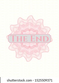 Pink rosette or money style emblem with text The End inside