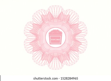 Pink rosette or money style emblem with popcorn icon inside
