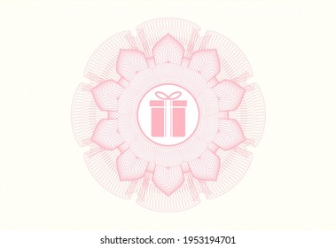 Pink rosette or money style emblem. with gift box icon inside