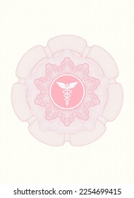 Pink rosette or money style emblem. with medicine icon inside
