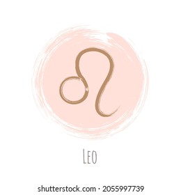 Pink rosy circle Leo zodiac gold sign, round hand painted horoscope symbol vector. Astrological icon isolated. Leo astrology zodiac symbol clip art on white background.