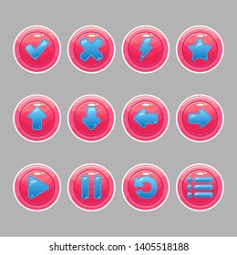 
Pink round buttons with blue icons (arrows, check mark, cross, lightning, star, options, play, pause, replay) for the design of the interface of games and applications.