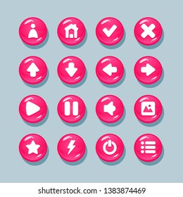 
Pink round buttons with highlights with user icons, menus, play, pause, exit, arrows, sound, options, for the design of interfaces and menus of applications and games.