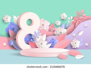 Pink round display podium mockup, paper cut number eight, spring flowers, leaves, vector illustration. March 8, International Women Day background, pedestal stage for beauty and cosmetic product ads.