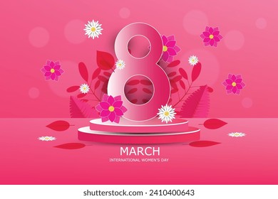 Modelación de podio de pantalla redonda rosa, corte de papel número ocho, flores primavera, hojas, ilustración vectorial. 8 de marzo: antecedentes del Día Internacional de la Mujer