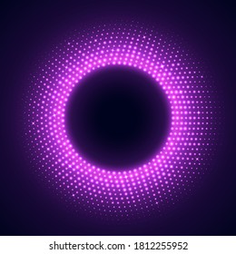 Pink round frame in disco style. Bright illuminated circular border isolated on a dark background. Abstract retro background with halftone gradient. Vector light effect.