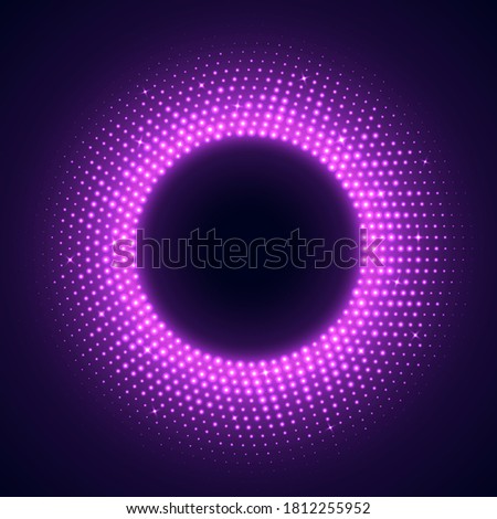 Pink round frame in disco style. Bright illuminated circular border isolated on a dark background. Abstract retro background with halftone gradient. Vector light effect.