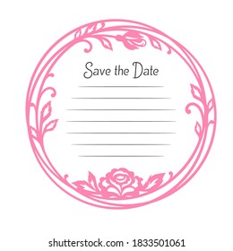 Pink round frame with floral pattern. The lines are intertwined with flowers, curls, twigs, leaves and rosebuds. Decoration template for wedding invitation, greeting card, certificate. Vector image.