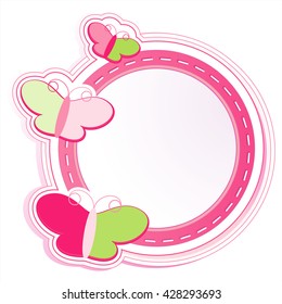 Pink round frame with pink and green butterflies isolated on white color background. Vector