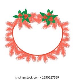 Pink round frame with a place for text with pink fir branches and berries with leaves isolated on white background. 