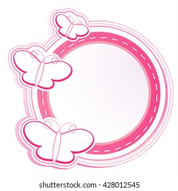 Pink round frame with pink and white butterflies. Vector