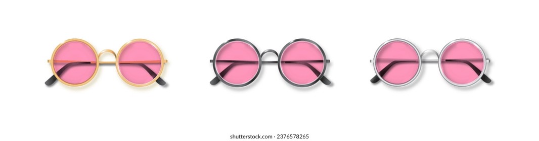 Pink Round Golden, Silver and black frame glasses set isolated, Transparent Sunglasses Accessory. Optics lens vintage Trendy Glasses. Vector