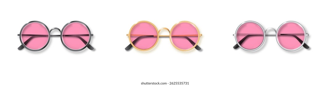 Rodada cor-de-rosa Dourado, prata e óculos de quadro preto conjunto isolado, óculos de sol transparente Acessório. Lentes de óptica vintage Trendy Glasses. Vetor