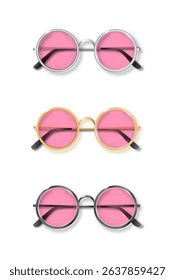 Pink Round Golden, Silver and black frame glasses set isolated, Transparent Sunglasses Accessory. Optics lens vintage Trendy Glasses. Vector