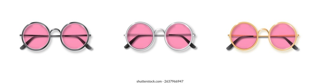 Pink Round Golden, Silver and black frame glasses set isolated, Transparent Sunglasses Accessory. Optics lens vintage Trendy Glasses. Vector