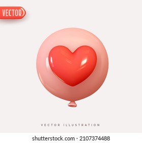 Globo de helio redondo rosado con corazón rojo. Ilustración del vector