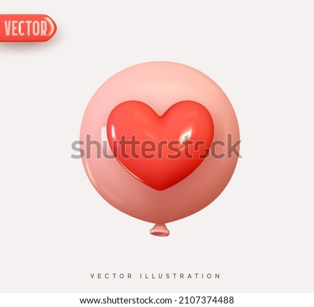 Pink round helium balloon with red heart. Vector illustration