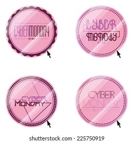 a pink round label with text for cyber monday