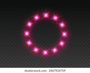 Marco de efecto de luz redondo rosa, anillo iluminado con lámparas aisladas sobre fondo transparente. Portal de fantasía mágica, teletransportación. Vector cósmico vibrante borde circular. Bombillas de neón brillantes