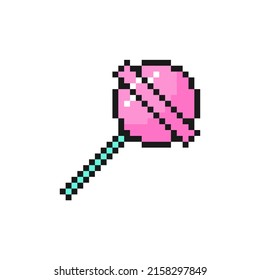 Pink round lollipop in pixel art design isolated on white background