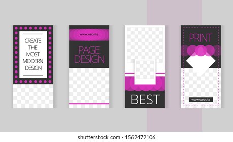 Pink Round Neon Patterns. Translucent Tones. Set Templates For Design Of Social Networks, Instagram Story And Print With Windows For Images. Glamor Style.