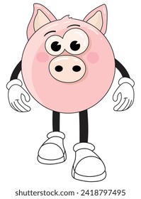 Pink round pig. Vector cartoon illustration. Vintage old 70's animation, groovy, great design for any purpose. 
