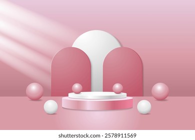 Pink Round Podium with Abstract Background and 3D Balls or Bubbles