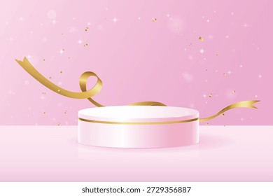 Pink round podium on pink background with glitters, luxury gold elements and confetti for presentations, demonstrations and advertising. Premium pink podium mockup, Vector (EPS) illustration