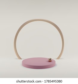 Podio redondo rosado sobre fondo blanco con anillo dorado y bola. Para exhibición cosmética, exhibición, espectáculo. Escenario mínimo. Ilustración realista del vector 3d.